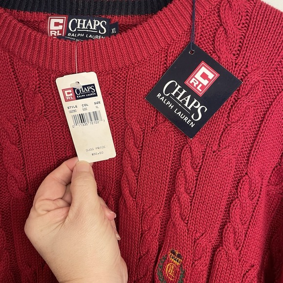 NWT Vintage Chaps Ralph Lauren Crew Neck Cable Knit Classic Red Sweater Mens XL - Picture 4 of 6
